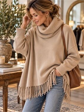 STAUD Oversized Cowl Neck Fringe Sweater Camel Beige Size M
